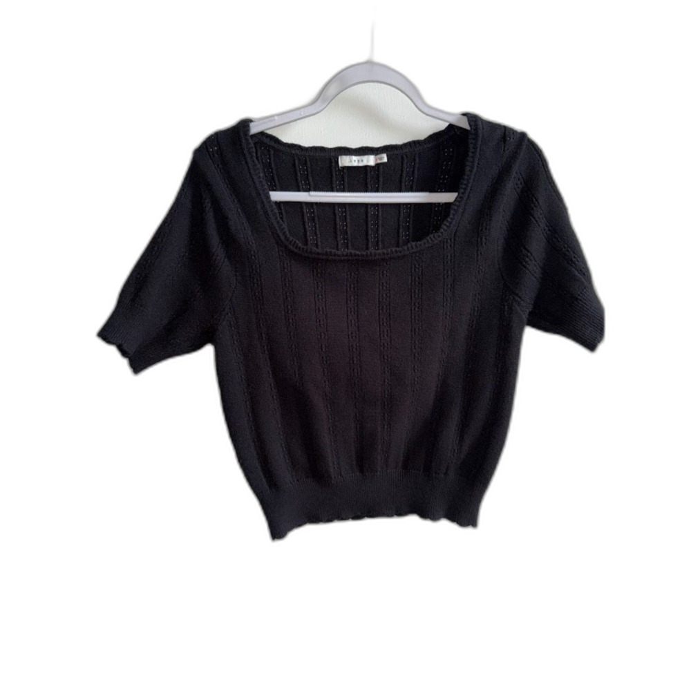 Lush Black Square Neck Short Sleeve Pointelle Knit Sweater - Size Small